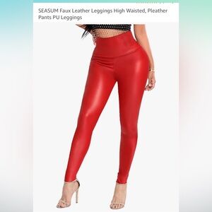 SEASUM Red Faux Leather High Waisted Leggings